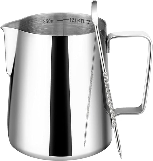 Amrules Milk Frothing Pitcher, 12oz Milk Frother Cup with Clear Scale, 304 Stainless Steel Cappuccino Espresso Machine Accessories for Barista Coffee Bar with Latte Art Pen, Silver by Amrules