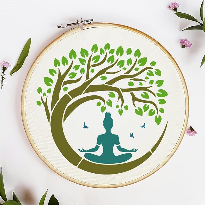 FINGERINSPIRE Tree of Life Stencil with a Paint Brush 11.8x11.8Inch Reusable Yoga Practitioner Stencil PET Birds Yoga Decoration Template Plant Theme Template for Wood Wall Floor Furniture - Image 5
