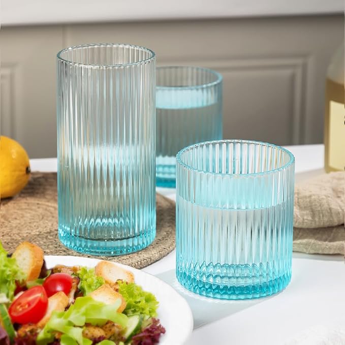 Ribbed Drinking Glasses 8pcs, 12oz and 10oz Glassware, Tumbler Glasses Cup Set for Wedding, Party, Christmas Gift, Blue - Image 3