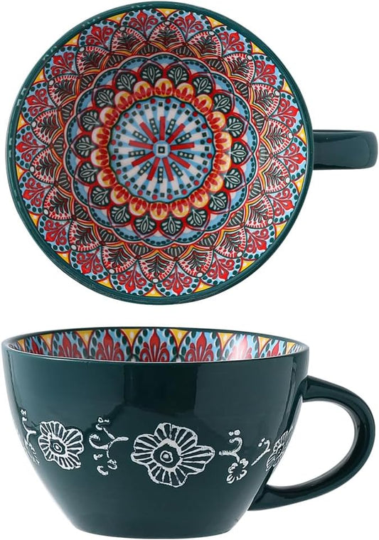 Bohemian Hand-Painted Ceramic Mug, 15 Oz Large Coffee Cup for Milk, Tea, and Breakfast, Dishwasher & Microwave Safe Artisan Cup, GM by Unknown