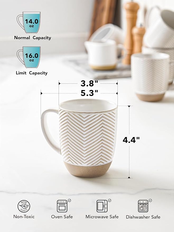 LE TAUCI Coffee Mugs 16 oz,Ceramic Mug Set, Embossment Cups for Latte, Hot Tea, Cappuccino, Mocha, Cocoa,Suit For Housewarming Wedding- 3.8 inch, Set of 6, Arctic White - Image 4