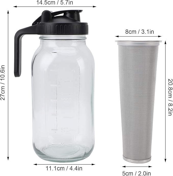 Cold Brew Coffee Maker Jar, Stainless Steel Filter Thick Glass Jar, Iced Coffee Pitcher with Spout Lid and Handle, Dishwasher Safe for Working from Home (2000ml)