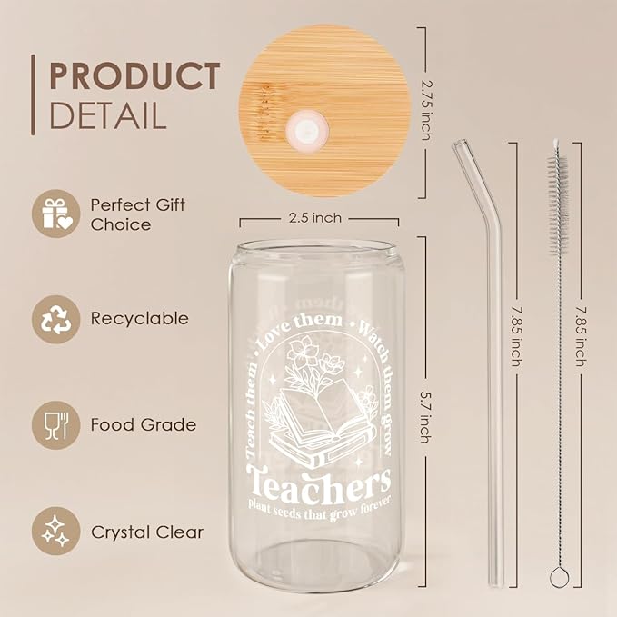 SANDJEST Teacher Glass Can, Teachers Plant Seeds That Grow Forever Cup with Lid & Straw, Coffee Aesthetic Cups, Gift for Christmas Teacher Appreciation, Gifts for Women, 16oz
