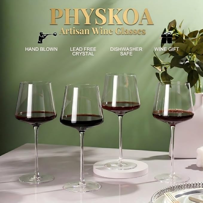 Physkoa 18OZ Red Wine Glasses Set of 4-LeadFree Crystal Wine Glass with Tall Long Stem【Hand Blown Italian Style】 Stemmed Square Wine Glasses Gifts for Home Party - Image 4