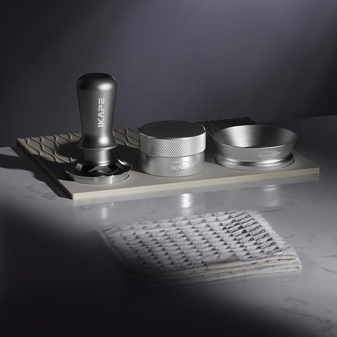 IKAPE 51MM Espresso Tamper Kit Silver 6 IN 1, Coffee Tamper Set with Tamper, Distributor, Magnetic Funnel, Silicone Mat, Puck Screen, and Cleaning Towel