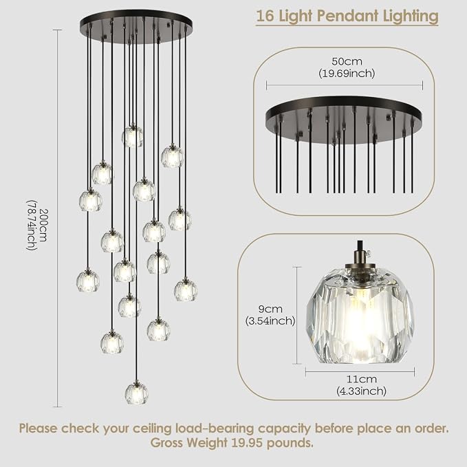 High Ceiling Foyer Chandelier, Brushed Black 16 Lights Crystal Staircase Chandelier, Modern Cut Pendant Raindrop Cluster Lighting Fixture for Entryway Living Room - Image 2