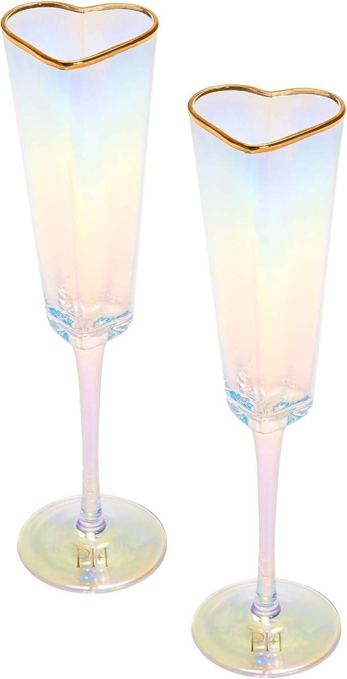Paris Hilton Heart Shaped Champagne Flute Gift Set, Elegant Handmade Glassware Set, Perfect for Celebrations, Weddings or any Special Occasion, 2-Piece Set, 5.5-Ounce, Iridescent with Gold Rim by TheWorldofParisHilton