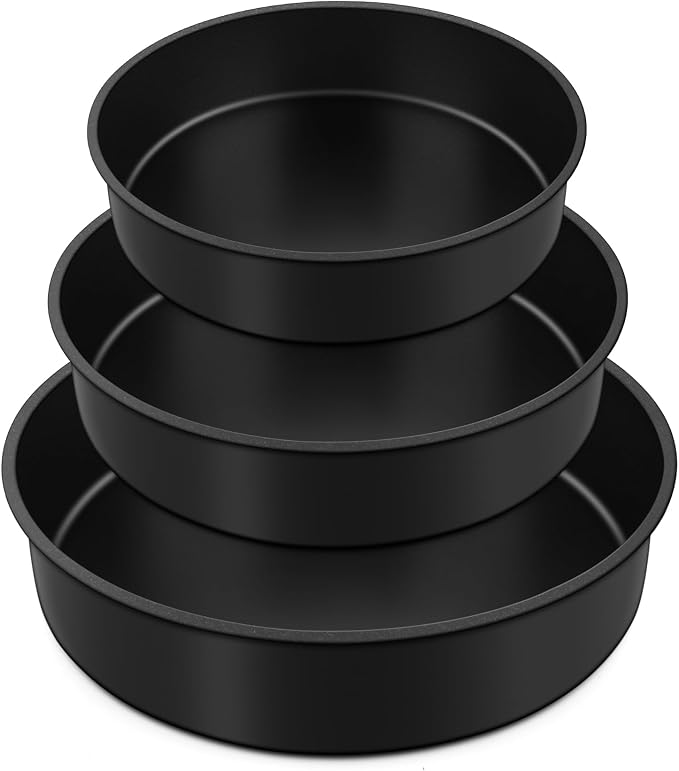E-far Cake Pan Set of 3 (6 inch/8 inch/9½ inch), Nonstick Round Baking Cake Pans for Tier Birthday Wedding Cake, Stainless Steel Core & Non-Toxic Coating, 2 Inch Deep (Black) by E-far