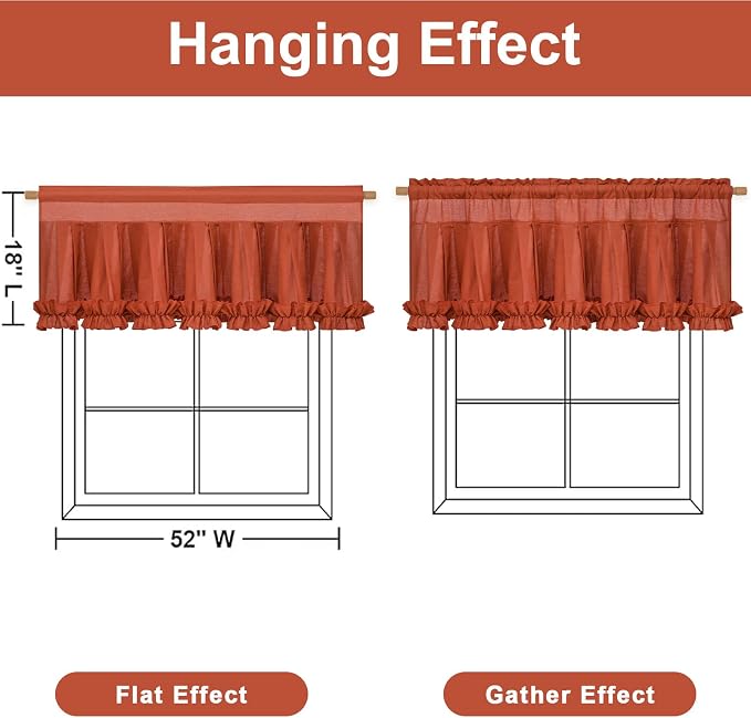 Likiyol Linen Valances for Windows Farmhouse Window Valances with Ruffle Rustic Country Light Filtering Kitchen Valance Curtains Rod Pocket Valance for Bathroom Cafe, Orange, 52" W X 18" L - Image 2