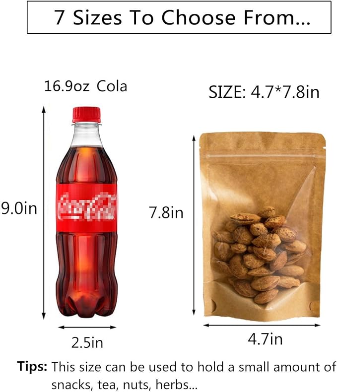 50pcs Kraft Bags With Window Clear Fornt Pouches Resealable Stand Up Zip Lock Food Storage Bags Brown 4.7"x7.8" - Image 5