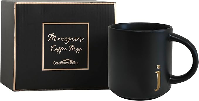 COLLECTIVE HOME Black Ceramic Coffee Mug, 15 oz Golden Monogram Tea Cup (j) | Personalized Halloween Mug with Gift Box, Dishwasher Safe, Birthday Present, Christmas Thanksgiving Mothers Day Gifts - Image 3