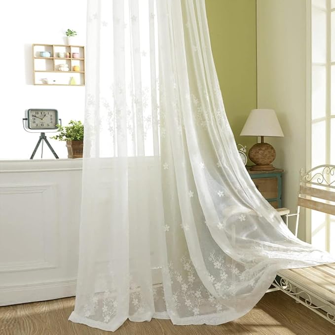 White Rod Pocket Sheer Curtains 96 inches Length, Embroidered Window Curtain Sheer Voile Panels for Living Room & Bedroom, 60x96, Two Panels - Image 3