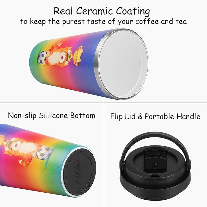 Funkrin Insulated Coffee Mug with Ceramic Coating, 16oz Iced Coffee Tumbler Cup with Flip Lid and Handle, Double Wall Vacuum Leak-Proof Travel Mug for Office School Party Camping - Image 2