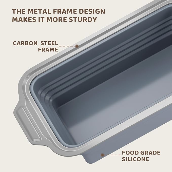 2 Pack Silicone Bread Loaf Pan With Metal Reinforced Frame, Non-Stick Baking Pans, Foldable Mold for Homemade Bread (9"x5"x2.5", Grey, 2 Pieces)