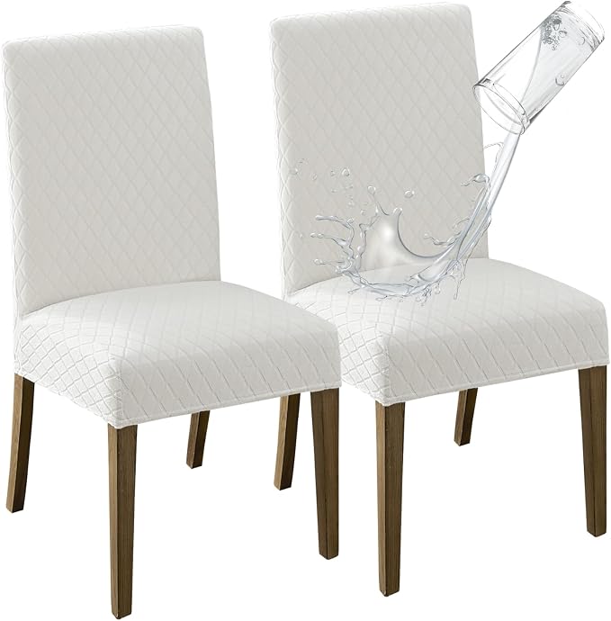 MOSAYT 100% Waterproof Dining Room Chair Covers Set of 2, Super Fit Stretch Jacquard Parson Chairs Slipcovers Removable Washable Chair Seat Protectors for Home, Kitchen, Banquet (White) by MOSAYT
