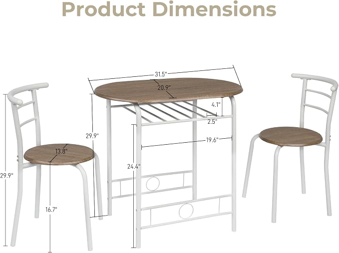 VINGLI 3 Piece Dining Set,Small Kitchen Table Set for 2,Breakfast Table Set,Kitchen Wooden Table and 2 Chairs for Small Space/Dining Room/Apartment,Metal Frame,Wine Rack,White&Warm Oak - Image 7