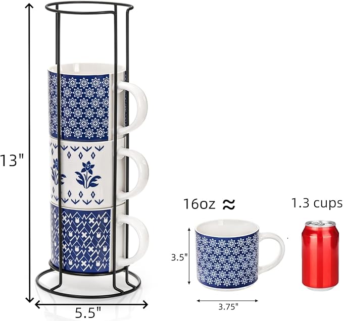 Eorbow 4 Pack Ceramic Coffee Mug Set with Rack, 16 OZ Stackable Cappuccino Cups with Metal Stand, Blue and White Porcelain Tea Mugs for Latte, Americano, Milk, Hot Cocoa, Beverages, Microwave Safe - Image 2