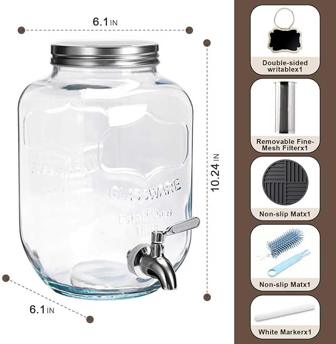 Cold Brew Coffee Maker With Silicone Mat, 1 Gallon Glass Pitcher with Stainless Steel Filter & Spigot - Large Iced Coffee & Tea Maker for Home, Easy to Use & Clean