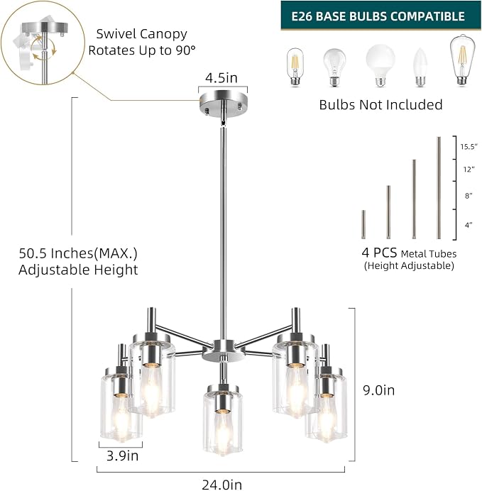 5 Lights Brushed Nickel Modern Farmhouse Chandelier for Dining Room with Glass Shade, Pre-Wired Height Adjustable Pendant Ceiling Lighting Fixture for Dining Living Room Bedroom Kitchen Foyer - Image 4