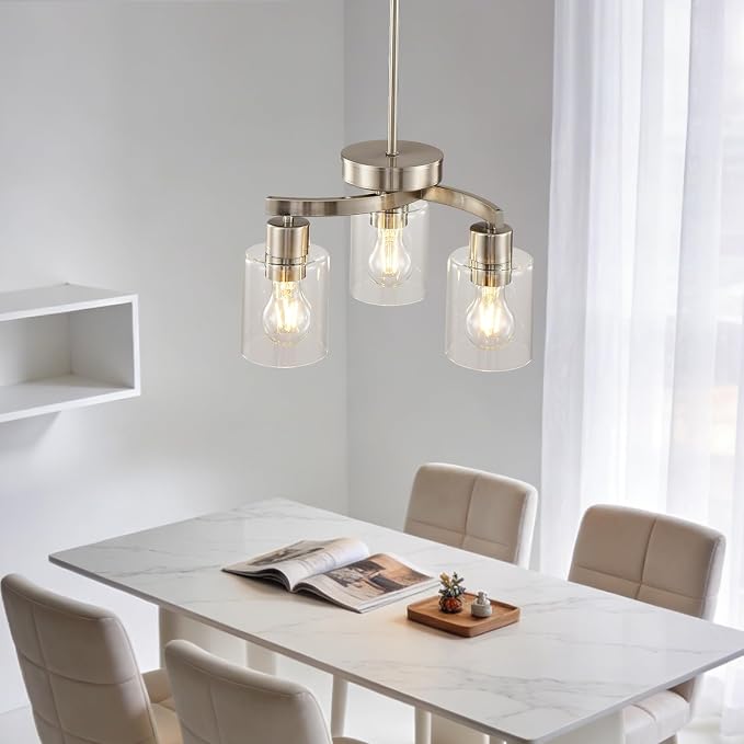Modern Dining Room Chandelier, 3-Light Brushed Nickel Pendant Light | Industrial Pendant Light, Clear Glass Shade, Adjustable Height, E26, Dimmable - Image 8