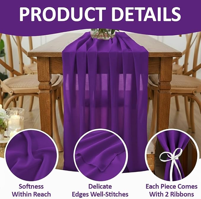 Pack of 12 | Purple | 14ft Chiffon Table Runner 29x170 Inches Long Romantic Rustic Sheer Gauze Runner for Wedding Bridal Shower Birthday Banquets Engagement Spring Easter Boho Decorations - Image 5