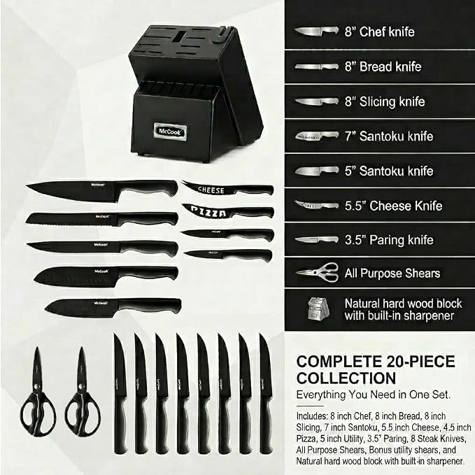 McCook® Premium Black Knife Sets,German Stainless Steel Kitchen Knives Block Set with Built-in Sharpener, 20-Piece Razor-Sharp Kitchen Knives with Ergonomic Handles, Elegant Box for Gift, Black | German Forged Stainless Steel,20 PC,Razor Sharp, Anti-Ru... - Image 2