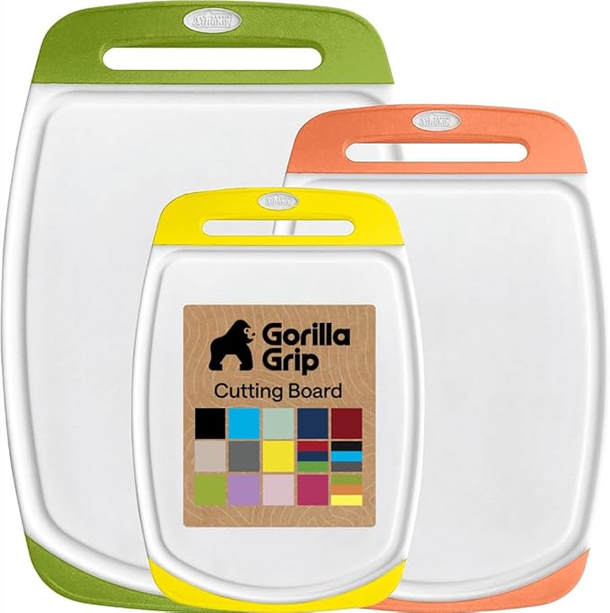 GORILLA GRIP BPA-Free Reversible Kitchen Cutting Board Set of 3 US Designed, Nonporous, Juice Grooves Catch Liquid, Slip Resistant Border, Dishwasher Safe Large Food Chopping Boards, Lime Orange Lemon by Unknown