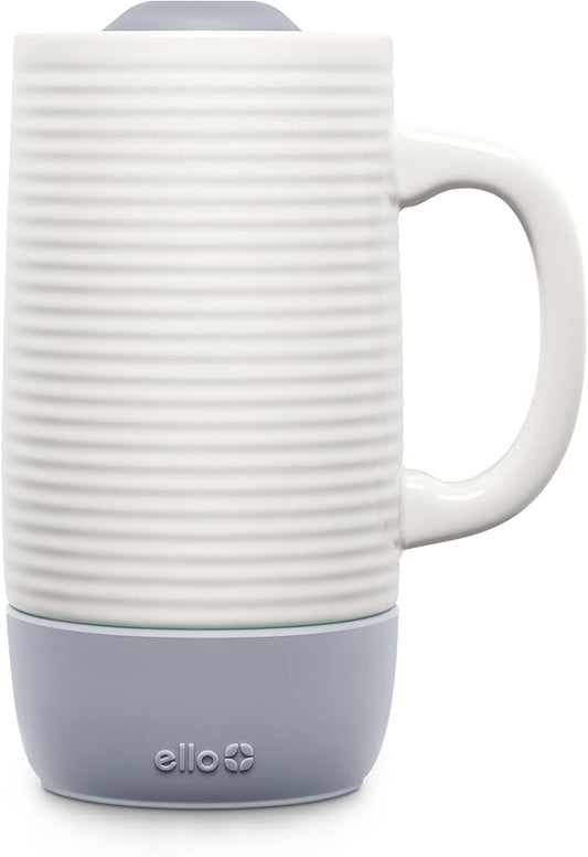 Ello Jane 18oz Ceramic Travel Mug with Handle, Splash-Resistant Slider Lid and Built-in Coaster, Perfect for Coffee and Tea, BPA Free, Dishwasher Safe, Holiday Gift Her Him, Gray | Splash-resistant ceramic coffee tumbler with handle and silicone base. ... by Ello