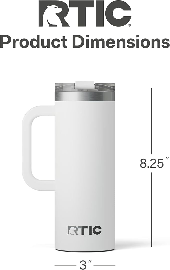 RTIC 20oz Road Trip Travel Mug with Lid and Handle, Ceramic Lined, Insulated, Stainless Steel, Metal, Double Wall Vacuum-Insulation, Portable Coffee, Tea Cup for Hot and Cold Drink, White - Image 4