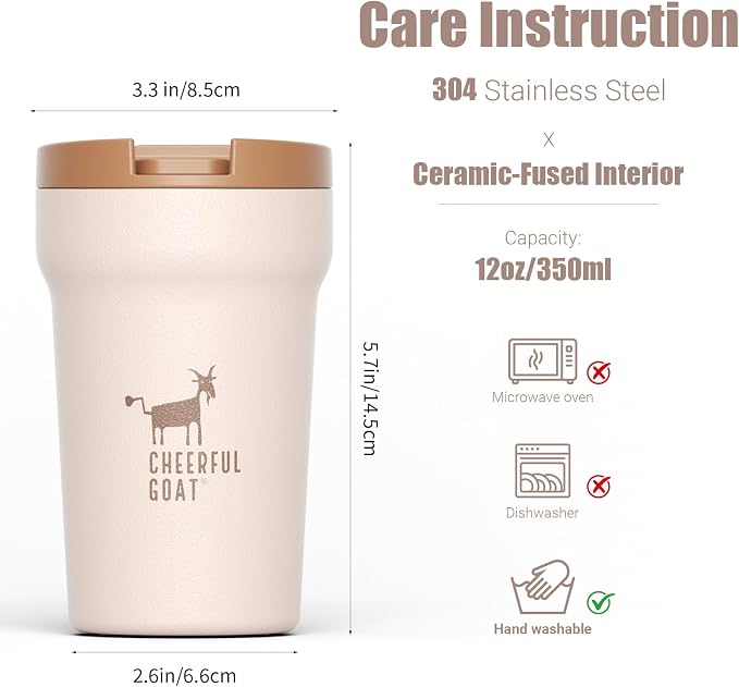 CHEERFUL GOAT Ceramic Lined Coffee Mug – Stainless Steel Travel insulated Tumbler with Ceramic Liner, with lid 12oz Leak Proof Cup for Hot and Cold Water Coffee at Home, Office, or In the Car (Coffee) - Image 2