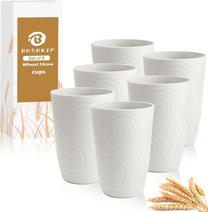 Wheat Straw Cups 16 OZ - Unbreakable Drinking Cup Set of 6, Plastic Cups Reusable, Lightweight Water Cup, Microwave & Dishwasher Safe Plastic Drinking Glasses for Kitchen, Bathroom - White by BUSOKIP