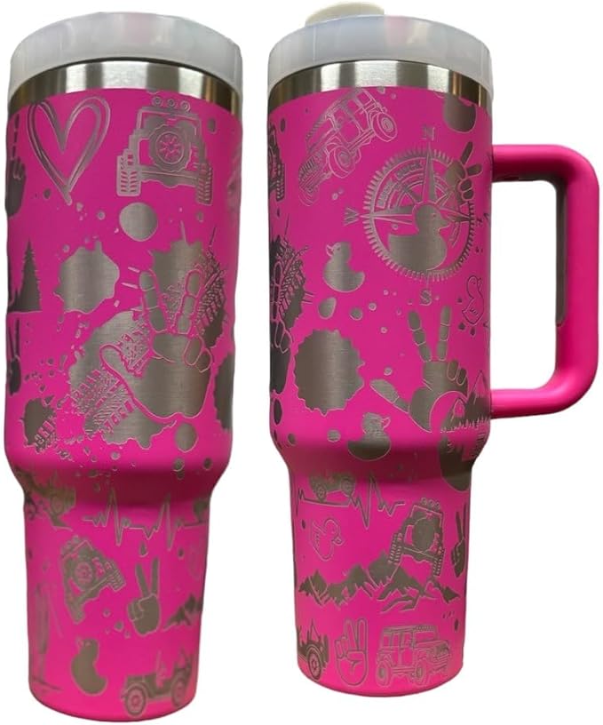 Tumbler, 40oz Tumbler, Western Tumbler, Engraved Cup with Handle, Cute Coffee Mug, 40oz Coffee Mug (Hot pink(4)-Off road(B34))