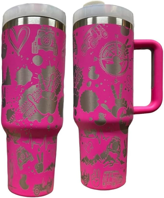 Western Engraved 40oz Tumbler, Tumbler with handle, Cowgirl Tumbler, Country Mug with Handle (Hot pink(4)-Off road(B34))