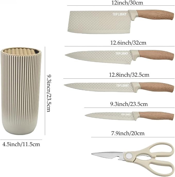 Kitchen Knife Set, Retrosohoo 6-Pieces Khaki Sharp Knife Block Sets for Kitchen, Non-stick Non-slip Stainless Steel Chef knives with Universal Block Suitable for Home Restaurant (Khaki) - Image 7