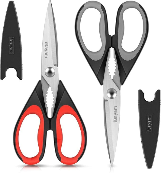 iBayam Kitchen Scissors Shears All Purpose Heavy Duty, Protective Sheath | 2-Pack, Ultra-Sharp Stainless Blades, Soft Comfort-Grip, Dishwasher Safe, Cutting Food Cooking Meat Poultry Kitchen Utensils by iBayamDirect