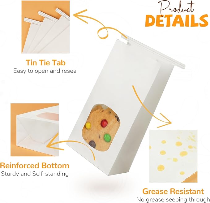 100 Pack Bakery Bags with Window, 3.9x2.3x8 Inches Tin Tie Tab Paper Cookie Bags White Small Gift Bag for Packaging Popcorn, Trail Mix, Treats, Snacks, Baked Goods, Party Favors | Grease Resistant - Image 3