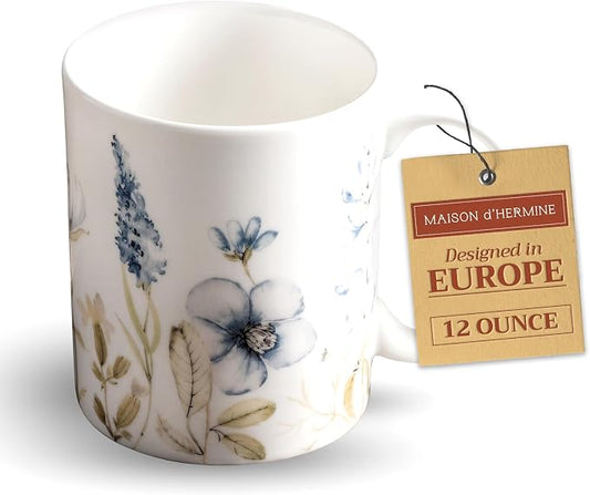 Maison d' Hermine Coffee Mug with Handles Tea Cups (12 Ounce, Pack of 1) | Fine Bone China Coffee Mugs for Hot Beverages Cappuccino Latte Home Restaurant Spring Summer -Ice Florals - Forsty Morning by MaisondHermine