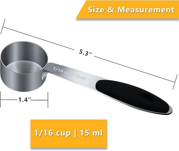 2PCS 1/16Cup (15ml, 1/2oz) Single Measuring Cup with Black Silicone Grip, Stainless Steel Individual Measure Scoop Only