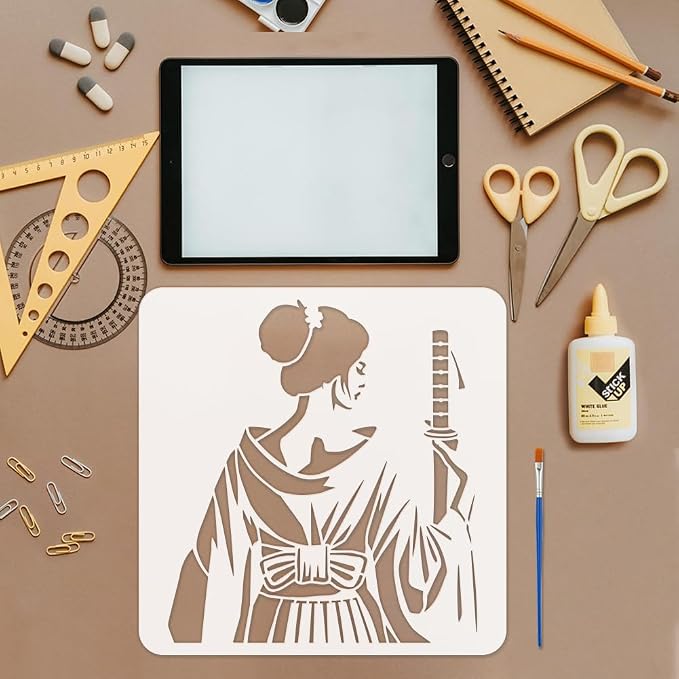 FINGERINSPIRE Eastern Samurai Woman Stencil with Paint Brush 11.8x11.8inch Reusable Swordswoman Drawing Template Female Samurai with Sword Pattern Stencil for Painting on Wood Wall Fabric Furniture - Image 3
