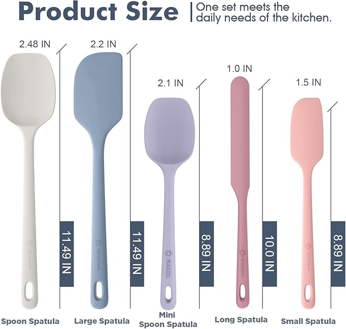 ChefAide 5 Pieces Silicone Spatula Set, Food Grade Rubber Spatula, Upgrade Strong Handle with Ergonomic Grip, Heat Resistant Up to 600°F for Nonstick Cookware, Cooking - Image 2