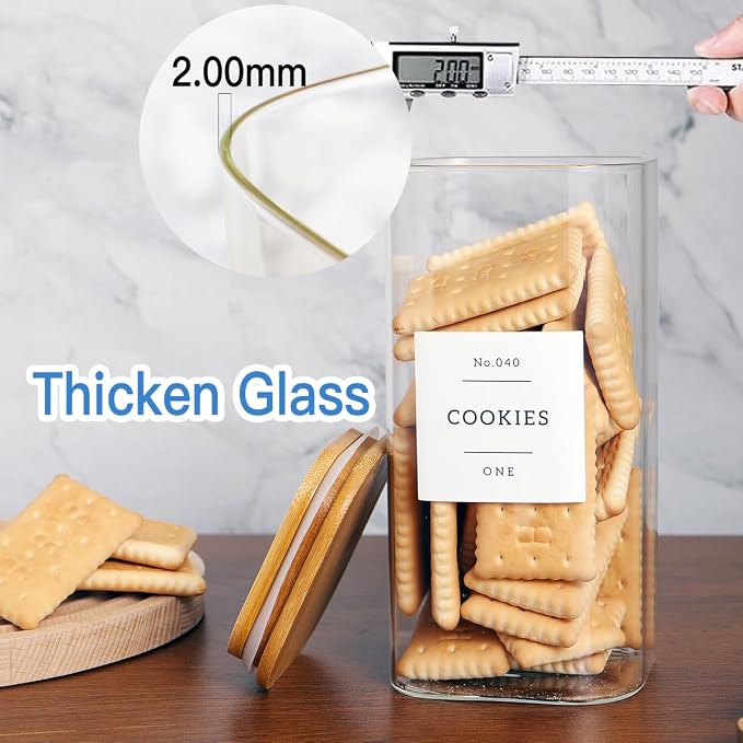 CZZGSM 3 Pack Square Glass Kitchen Storage Jars with Airtight Bamboo Lids and 132 Pantry Labels - 54oz Glass Canisters with Wood Lids - Food Storage for Sugar, Rice, Pasta, Cereal - Image 6