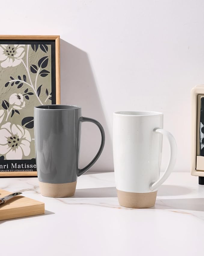 famiware Milkyway Coffee Mugs, 20oz Large Coffee Mug, Ceramic Mug Set of 2 with Lid, Cup Set with Handle for Latte, Tea, Cocoa, Milk, Home & Office, White and Dark Gray - Image 2