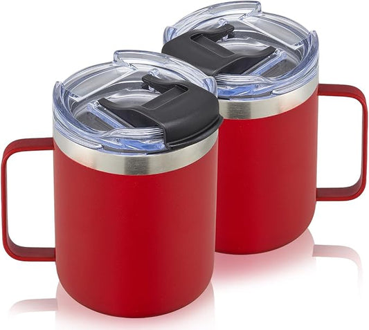 12oz Stainless Steel Insulated Coffee Mug with Handle, Double Wall Vacuum Tumbler Cup with Fliping Lid, Red, 2 Pack by ALOUFEA