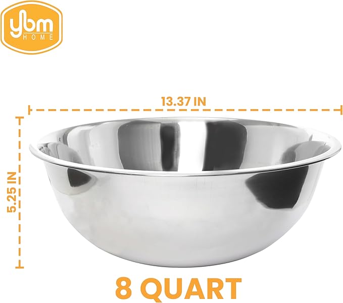 Ybmhome Stainless Steel Mixing Bowl - Premium Polished Mirror Nesting Metal Bowl for Cooking and Serving, Stackable for Convenient Storage-8 Quart, 1176, silver
