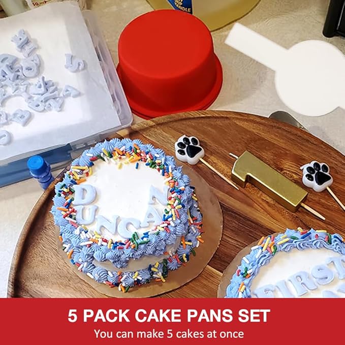 Alimat PluS 4 Inch Round Cake Pan Silicone, 5 Pack Mini Cake Pans with 100 Pieces Parchment Paper, Silicone Cake Molds for Multilayer Cakes, Puddings