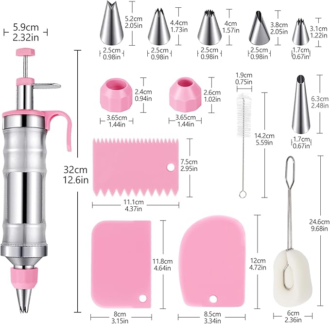 Dessert Decorating Syringe Set, Pink Icing Decoration Set Stainless Steel Cupcake Injector/Decorating Icing Set with 6 Nozzle, 3 Scrapers, 2 Brushes for Baking Biscuit Cake Decoration