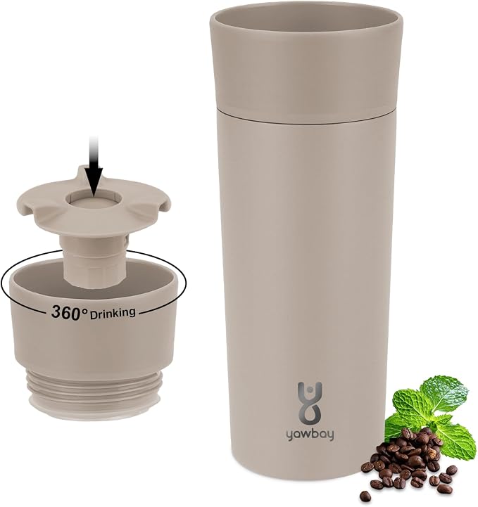 Travel Coffee Mug with 360°Lid, Travel Coffee Tumbler 12 oz Leak Proof, Stainless Steel Insulated Travel Mugs for Hot and Cold Spill Proof Leak Proof(Taupe) by Yawbay