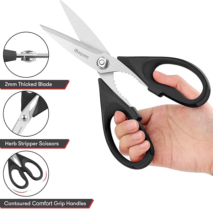 iBayam Black Kitchen Scissors - Heavy Duty Meat & Poultry Shears | Dishwasher Safe Stainless Steel Utility Scissors, 2-Pack Black Kitchen Utensils Set for New Home Essentials, Bottle Opener - Image 3