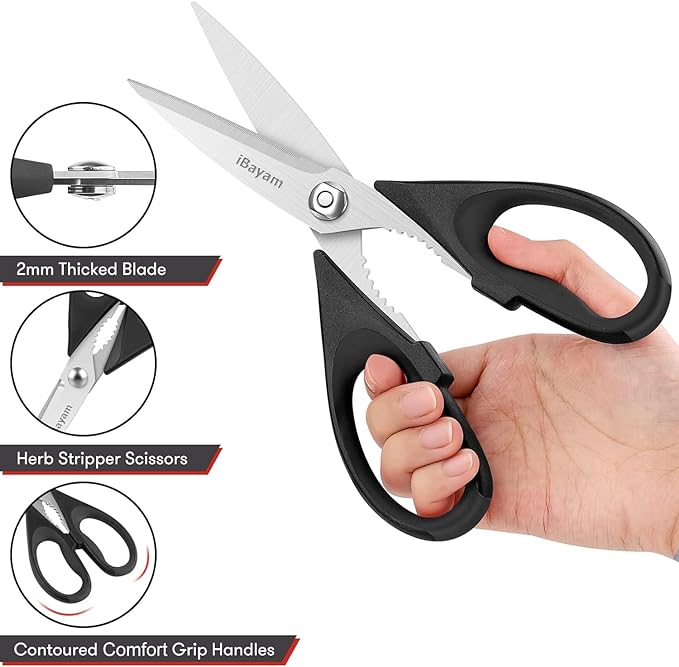 iBayam 8.7" All Purpose Kitchen Shears Heavy Duty with Protective Sheath | Built-In Bottle Opener, Durable Stainless Steel Scissors, Dishwasher Safe, Soft Grip Comfort Handle, Cooking, Food, Packaging - Image 4