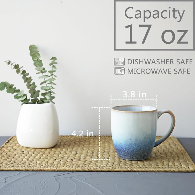 Bosmarlin Ceramic Coffee Mug Set of 4, 17 Oz, 3 Colors to Choose, Tea Cups, Dishwasher and Microwave Safe, Reactive Glaze… (17 Oz, Blue) - Image 2